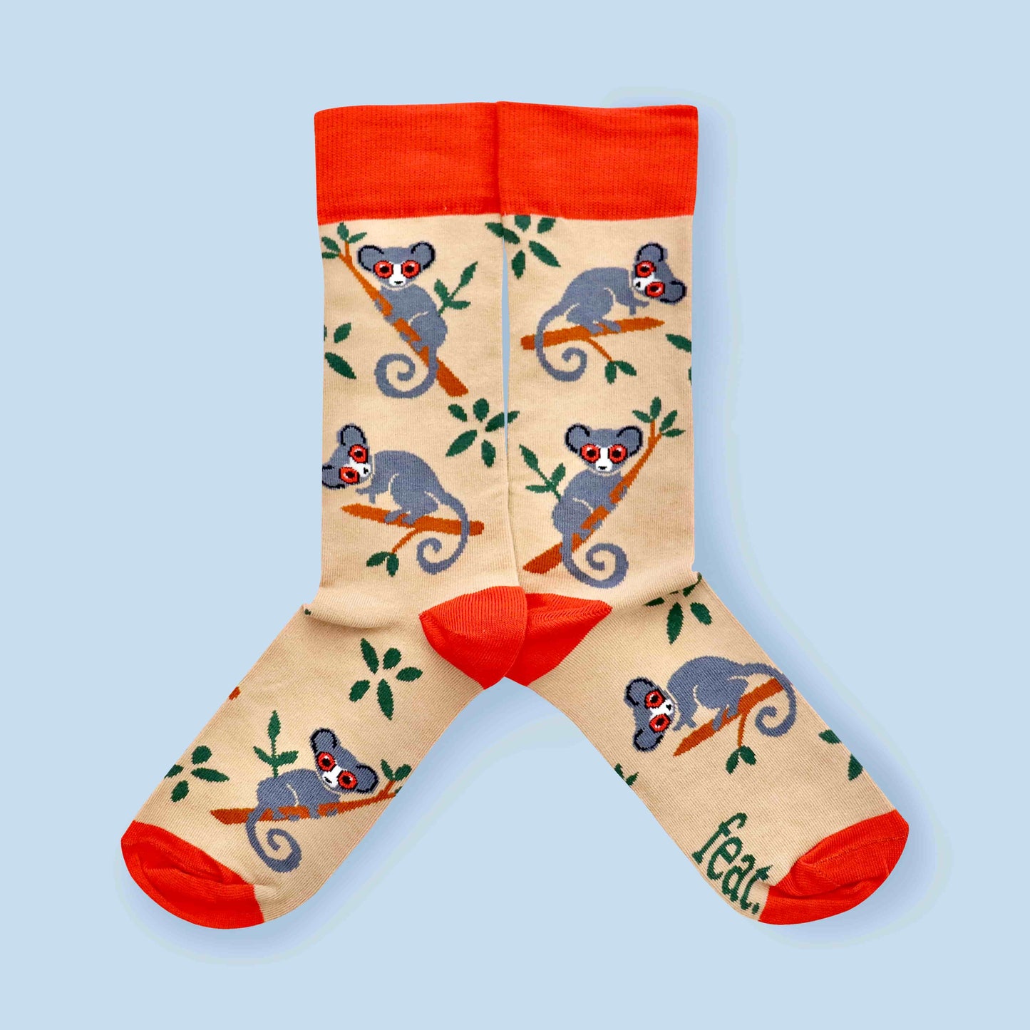 Bushbaby socks blue background mirrored
