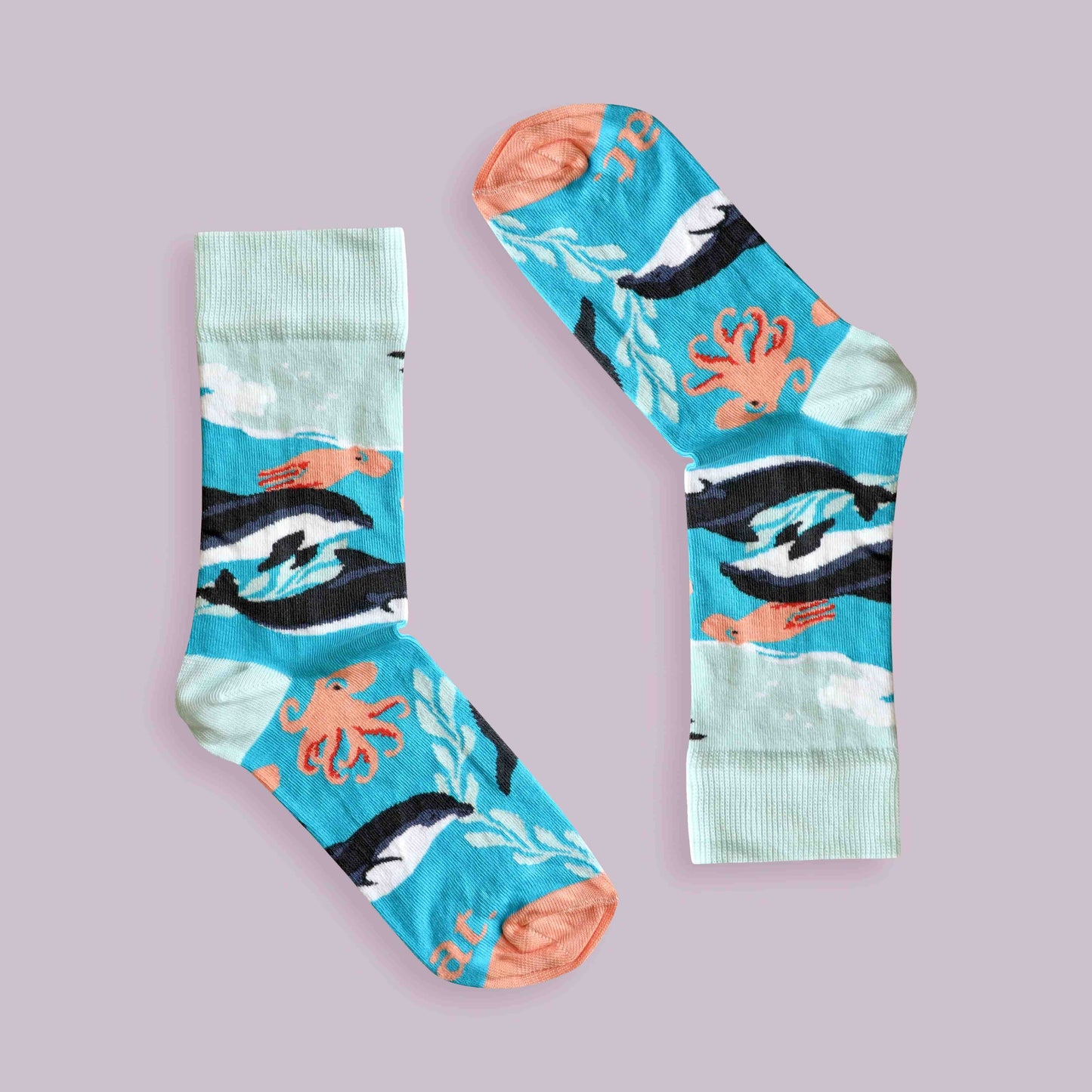 Dolphin socks lilac background inverted