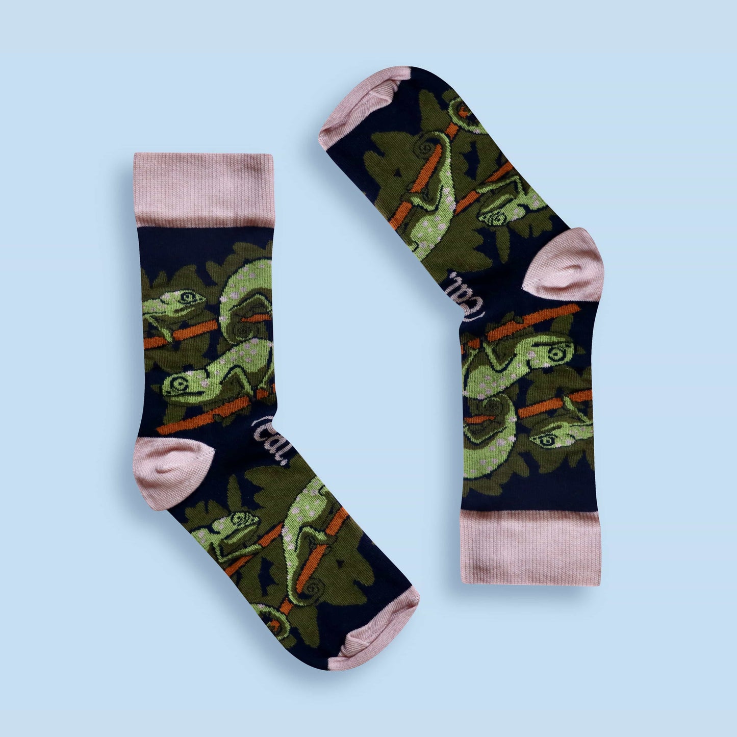 Flap-necked chameleon socks blue background inverted