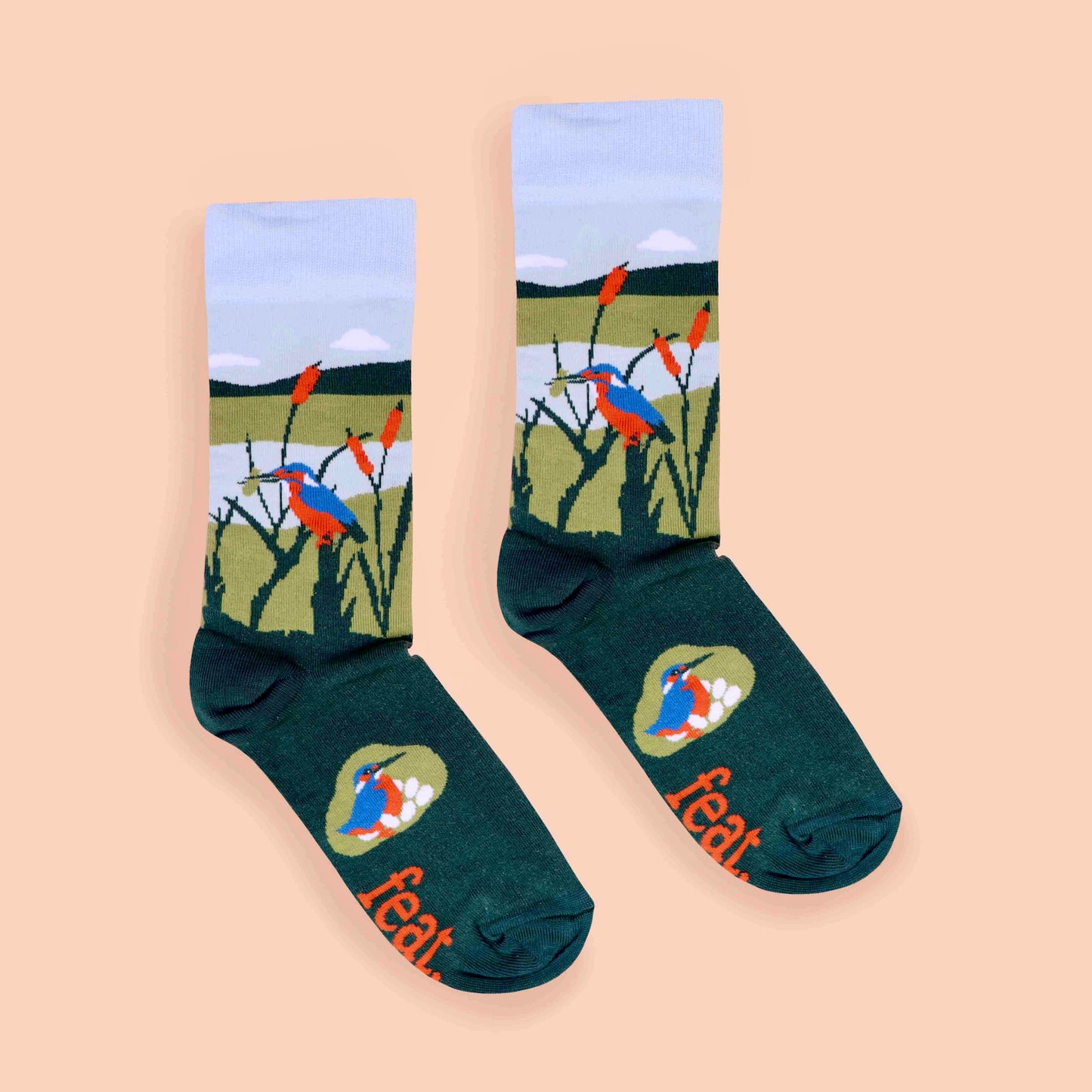 Malachite kingfisher socks coral background centre