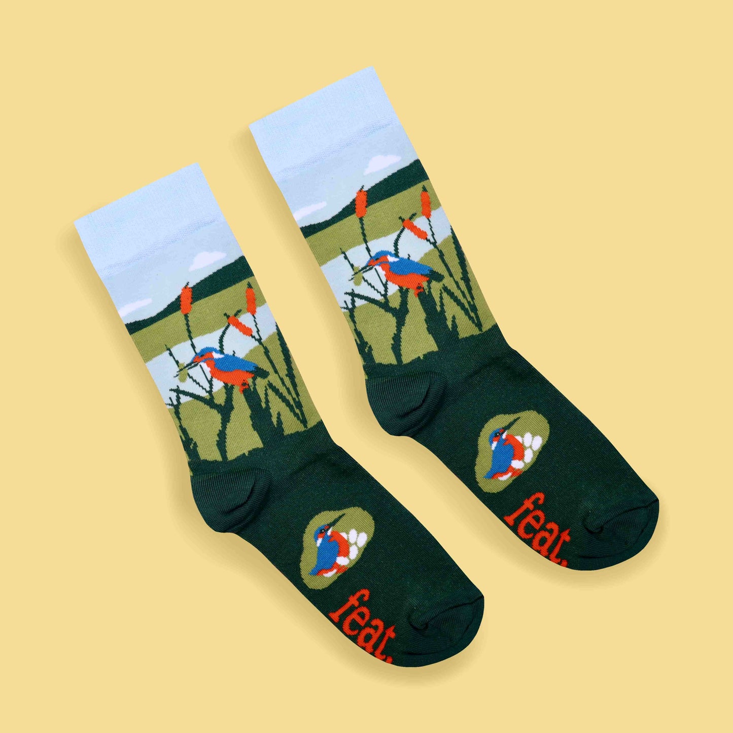 Kingfisher socks yellow background diagonal