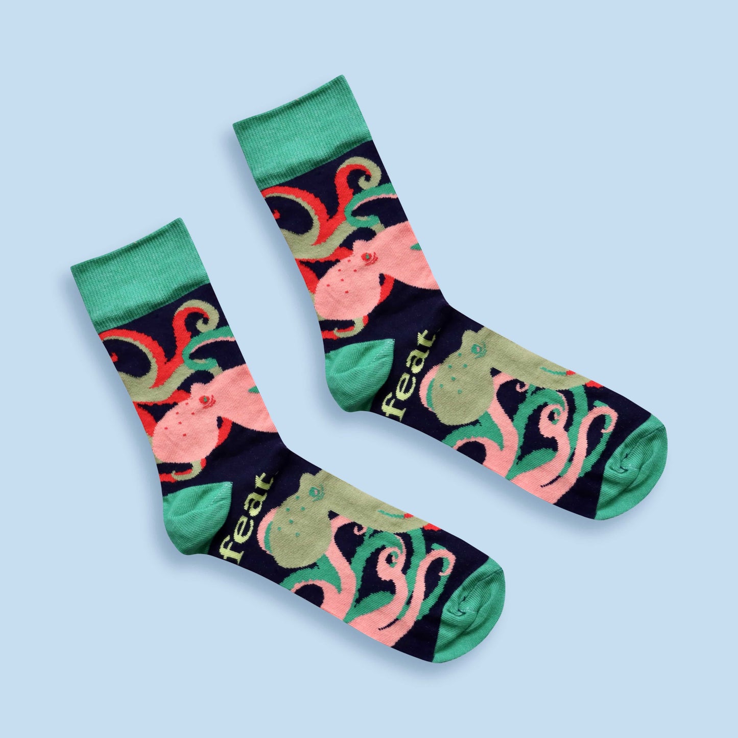 Octopus socks blue background diagonal