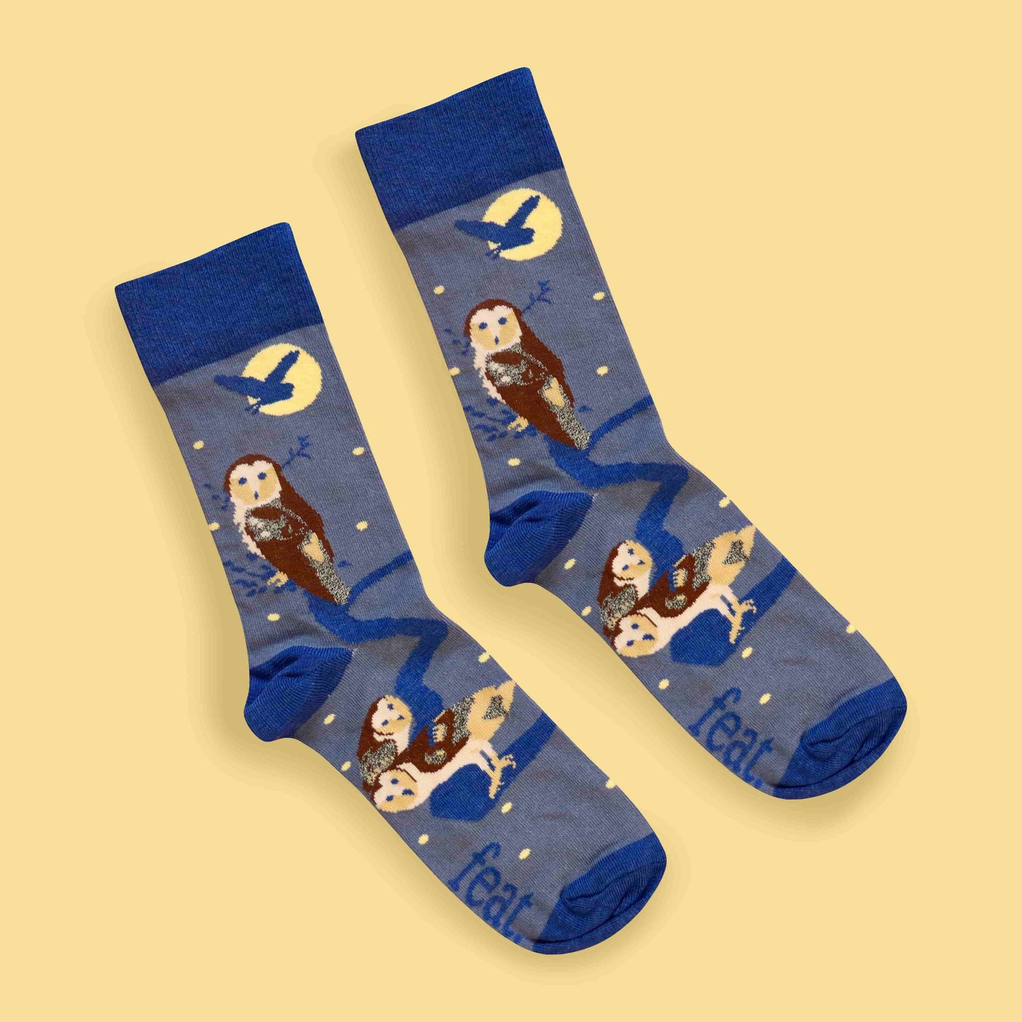 Owl socks diagonal image yellow background