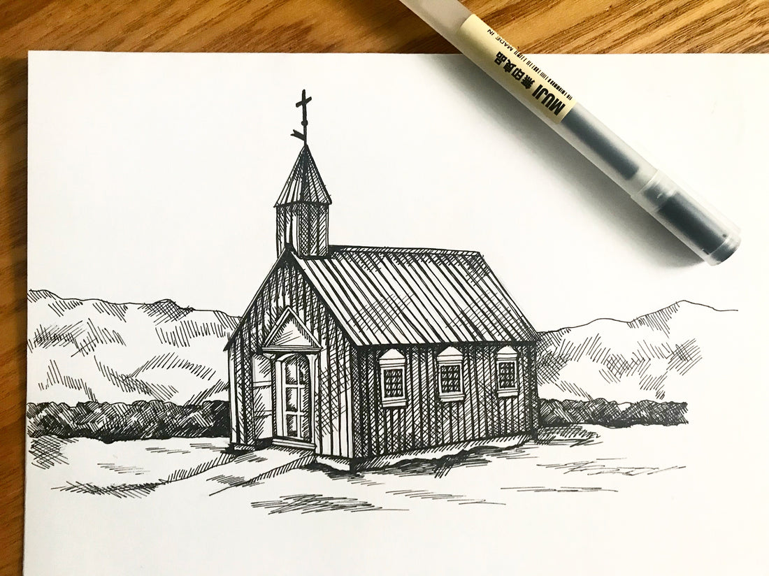 Hand drawn image of Budir church in Iceland - by Chelsey Wilson