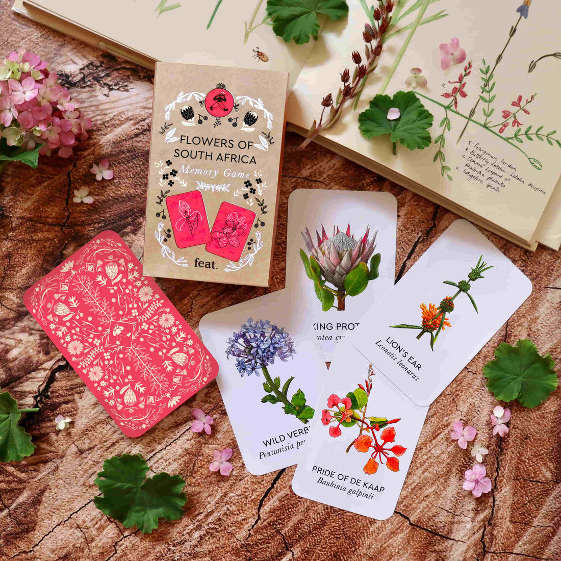 Image of Flowers of South Africa Memory Game, including four visible card varieties and box, surrounded by petals and leaves