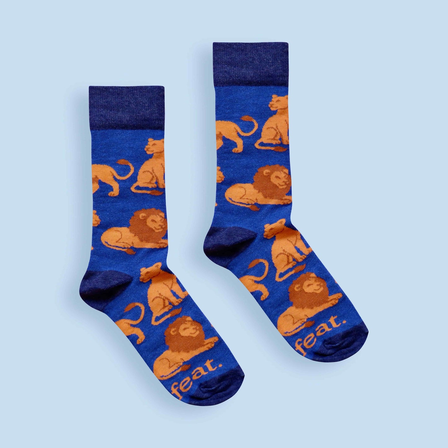 Adult Lion socks blue background centered