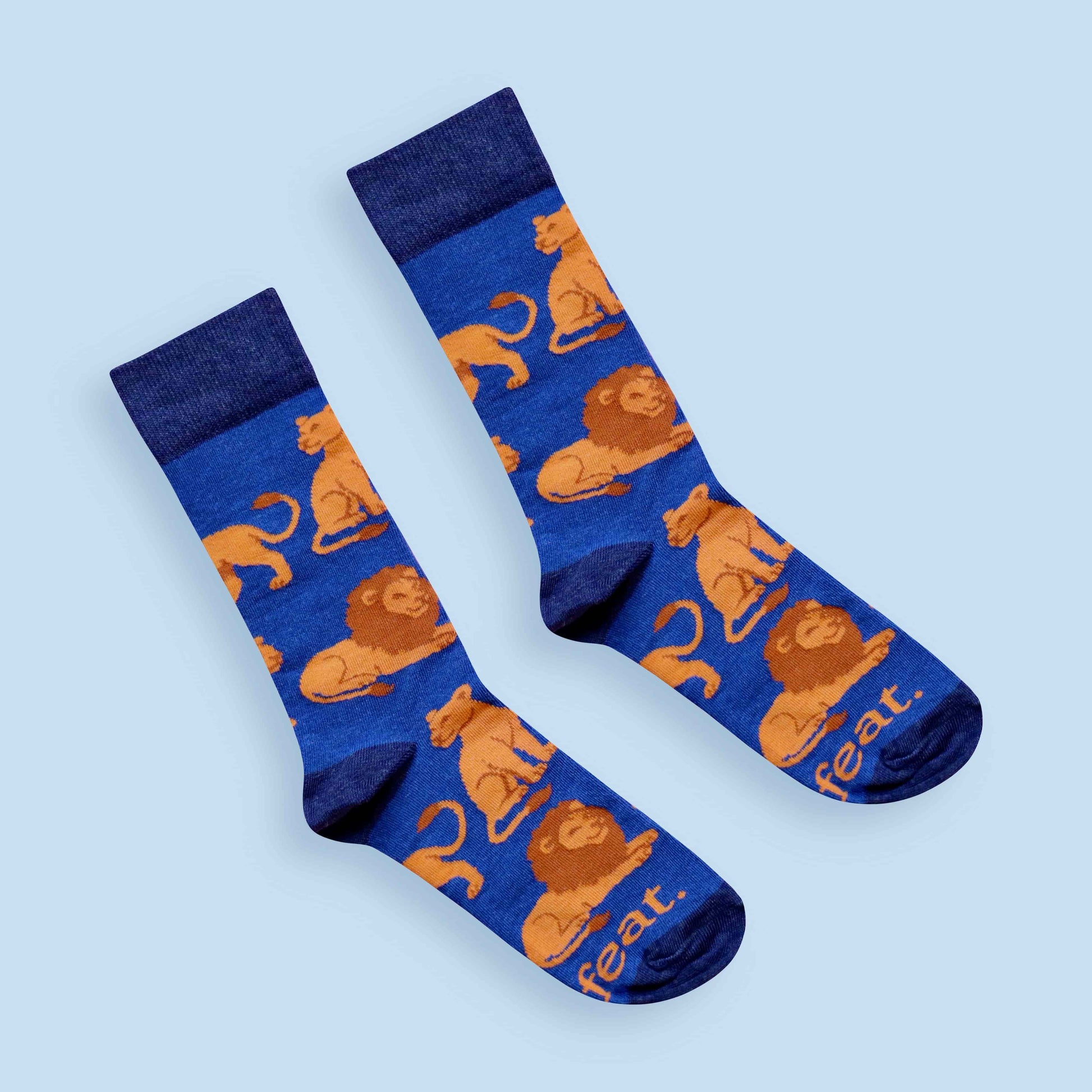 Adult Lion socks blue background diagonal