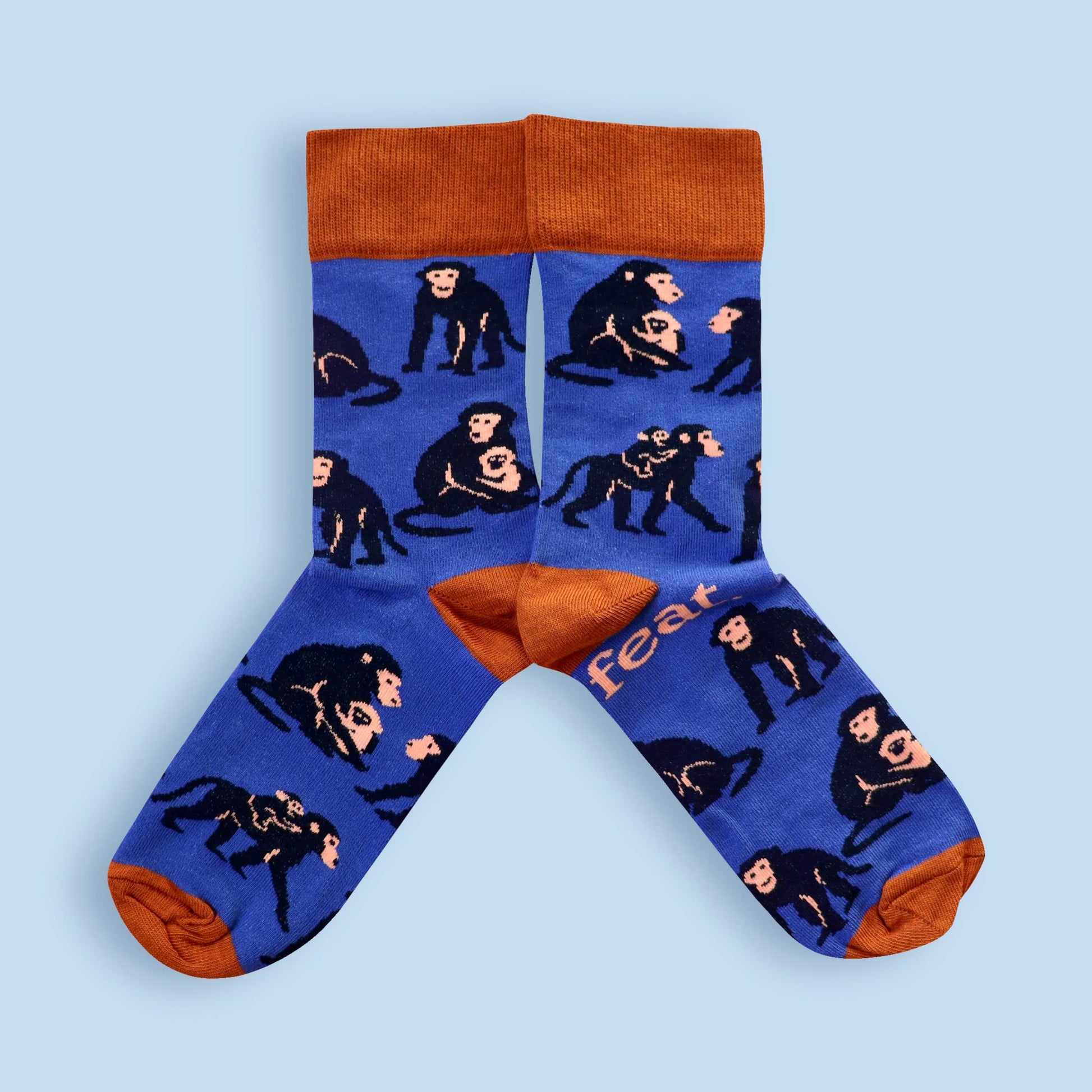 Baboon socks in blue and rust with blue background 
