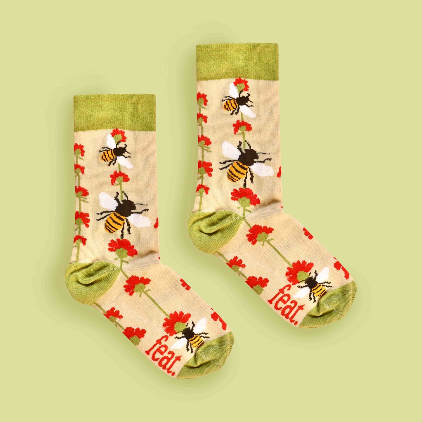 Bees and flower socks centre image lime background