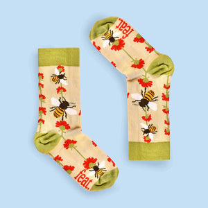 Bee and flower socks inverted image blue background