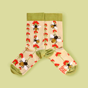 Bees and flower socks mirror image lime background