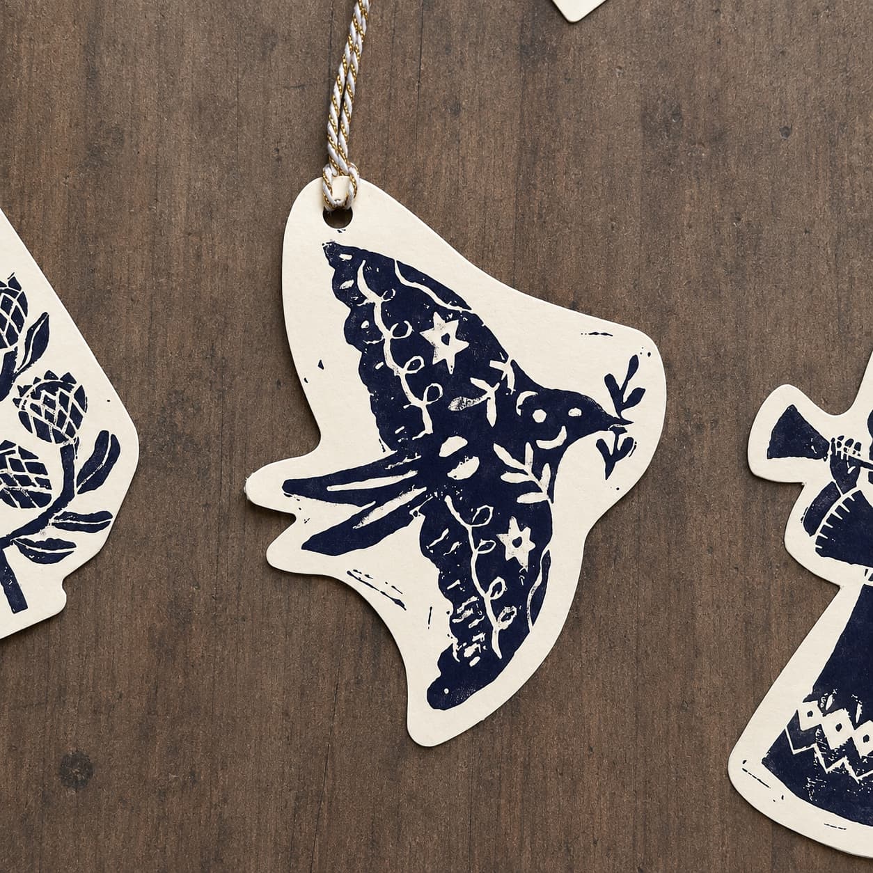 Block print Christmas Gift Tags 6 pack Dove