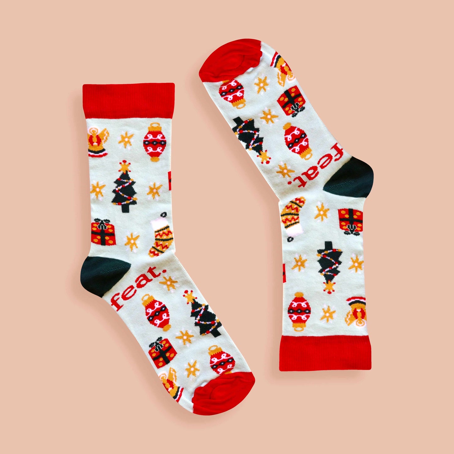 Christmas Cheer socks coral background inverted