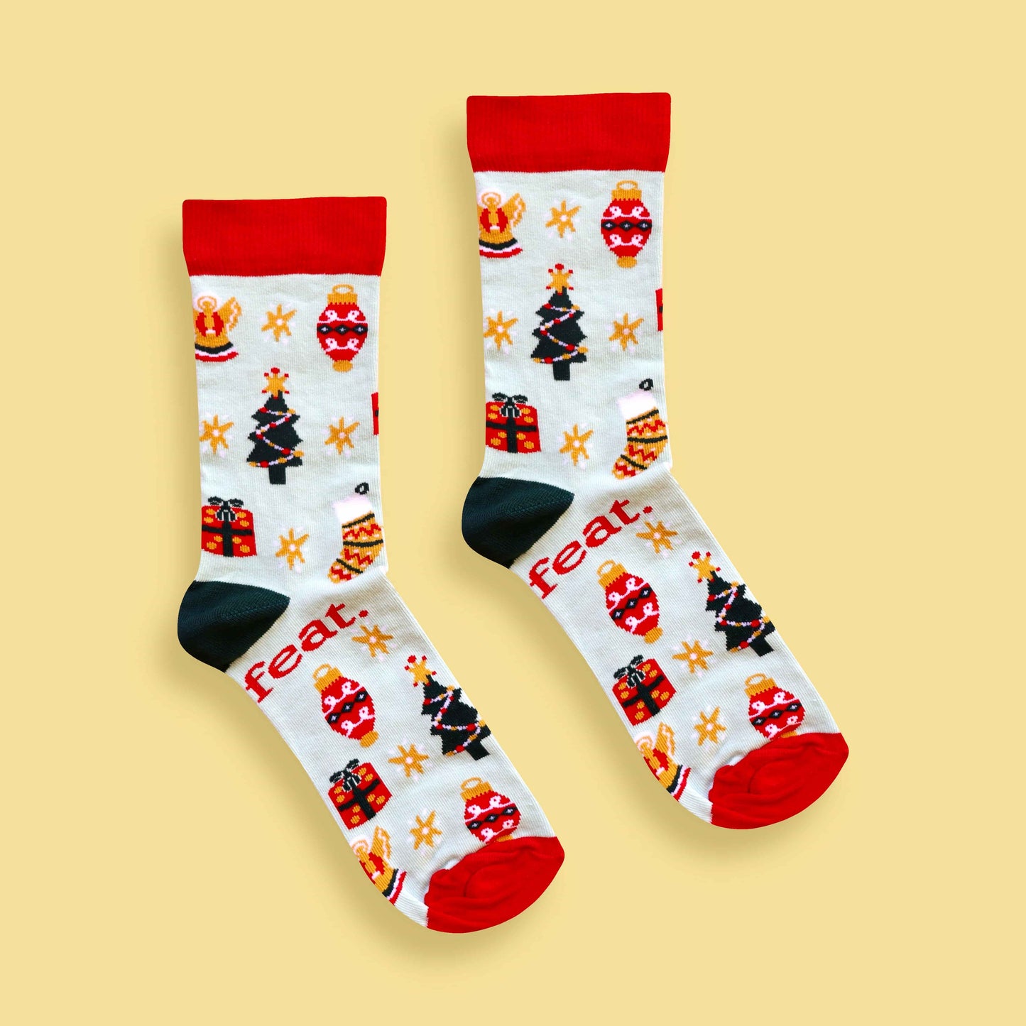 Christmas Cheer socks yellow background centered