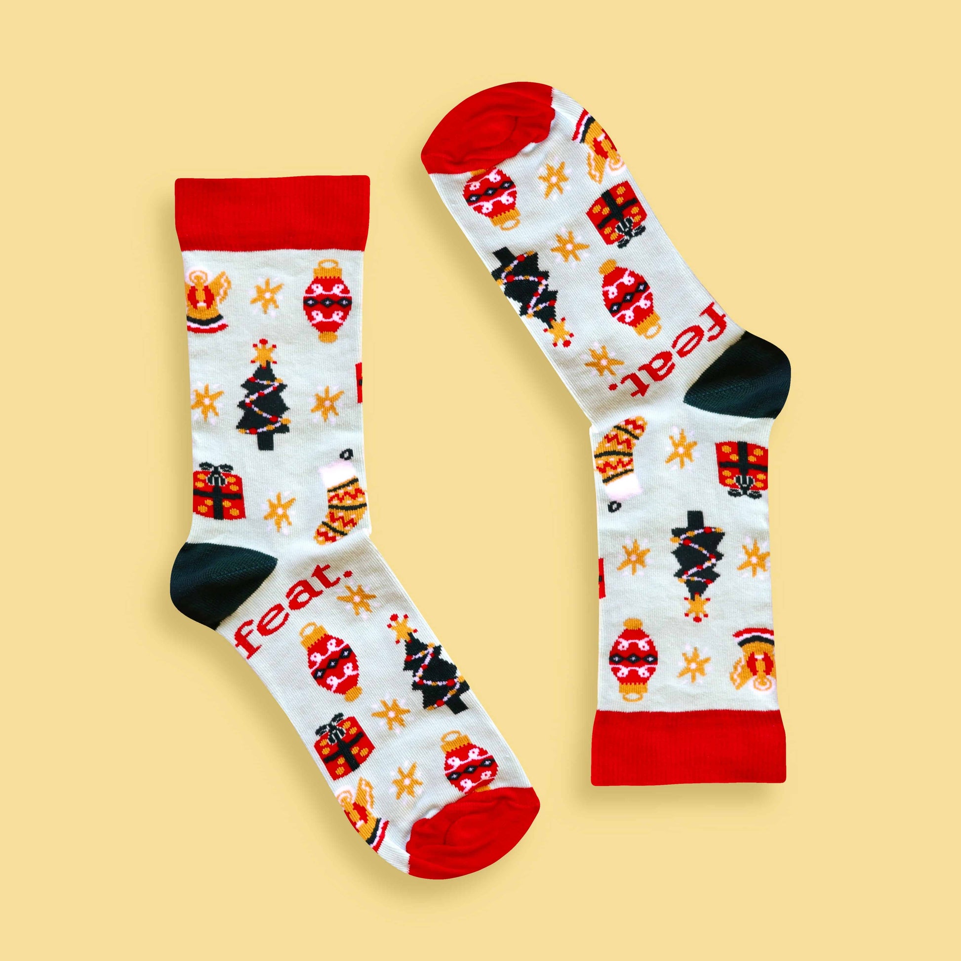 Christmas Cheer socks yellow background inverted
