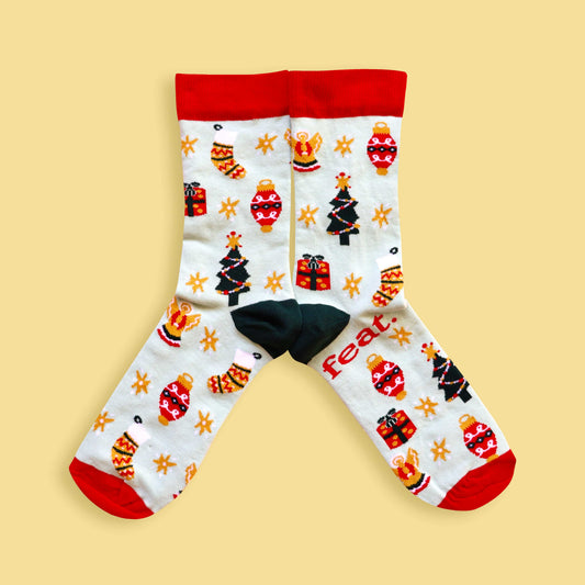 Christmas Cheer socks yellow background mirrored