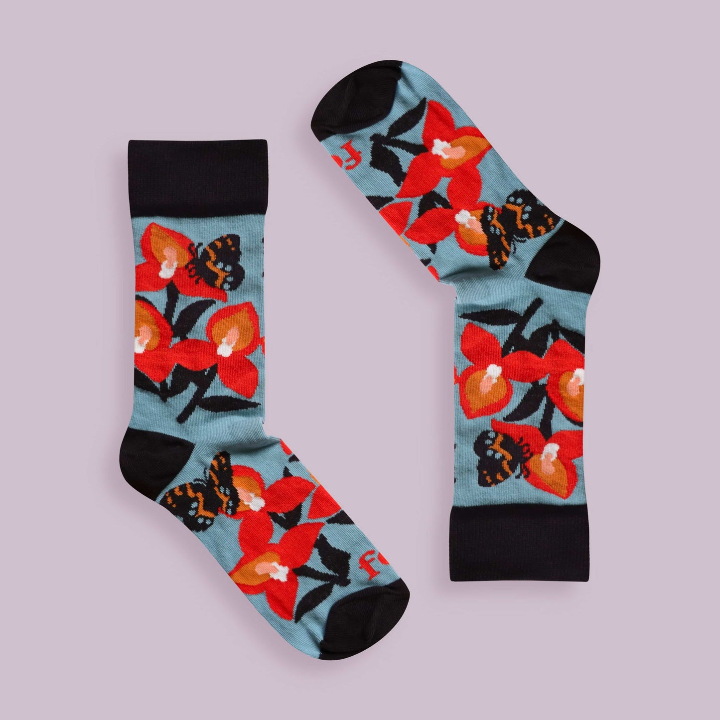 Disa and butterfly socks lilac background inverted