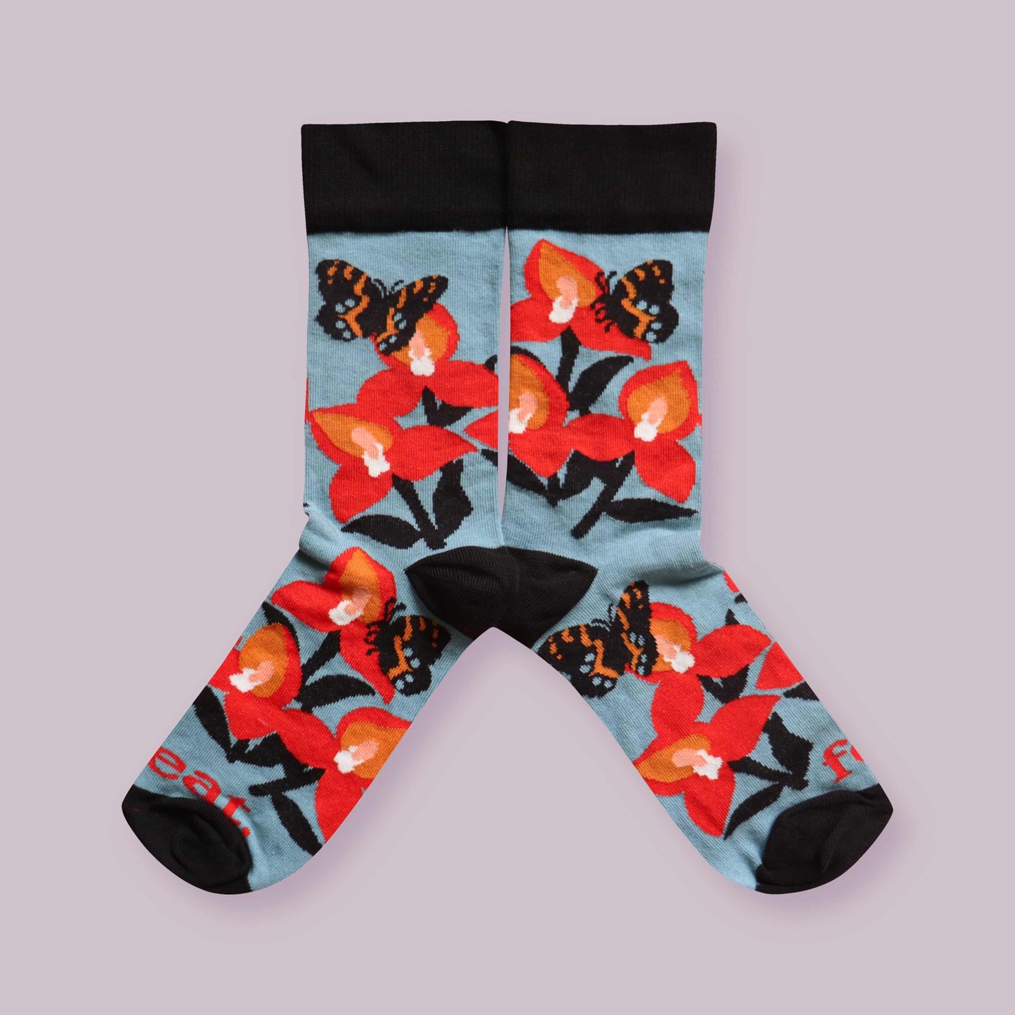 Disa and butterfly socks lilac background mirrored