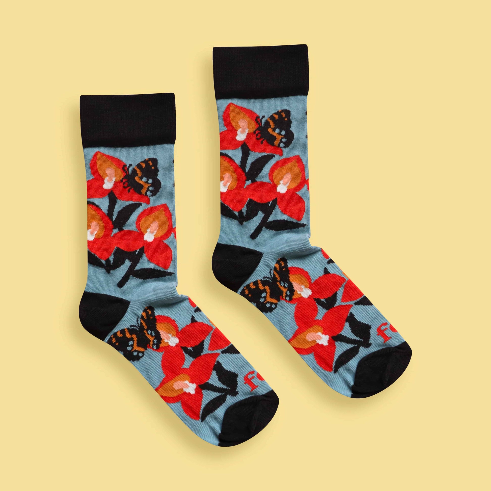 Disa and butterfly socks yellow background centered