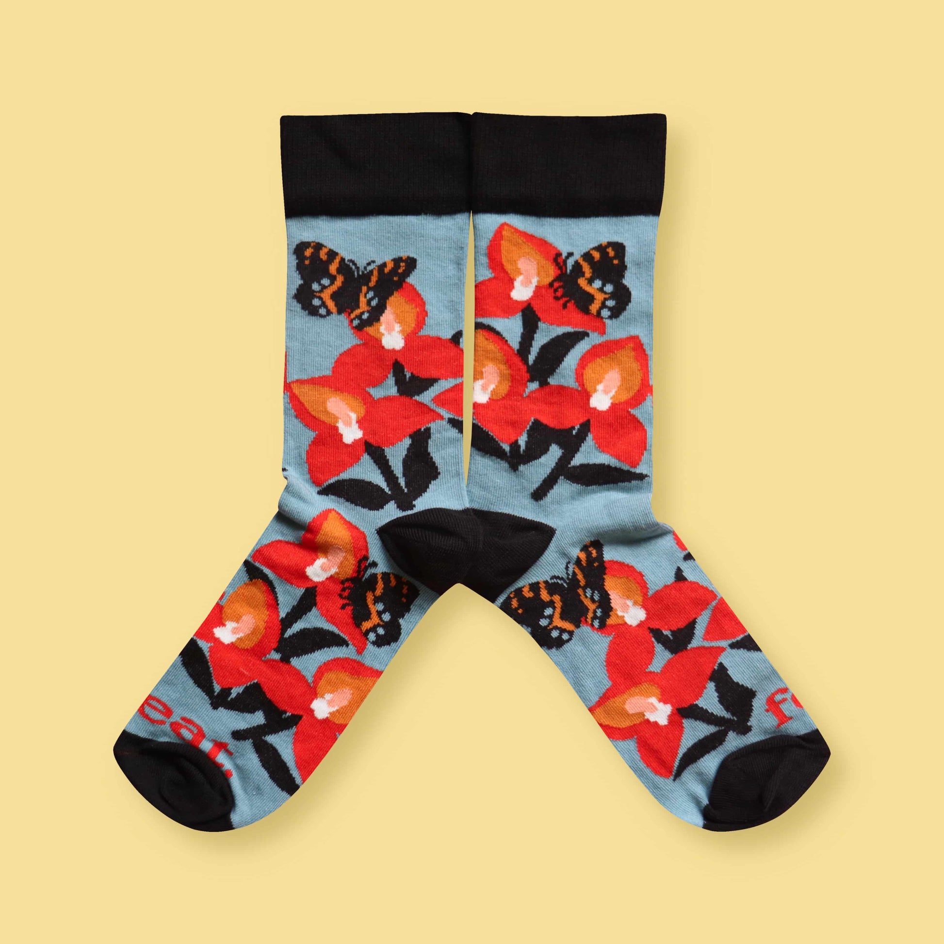 Disa and butterfly socks yellow background mirrored