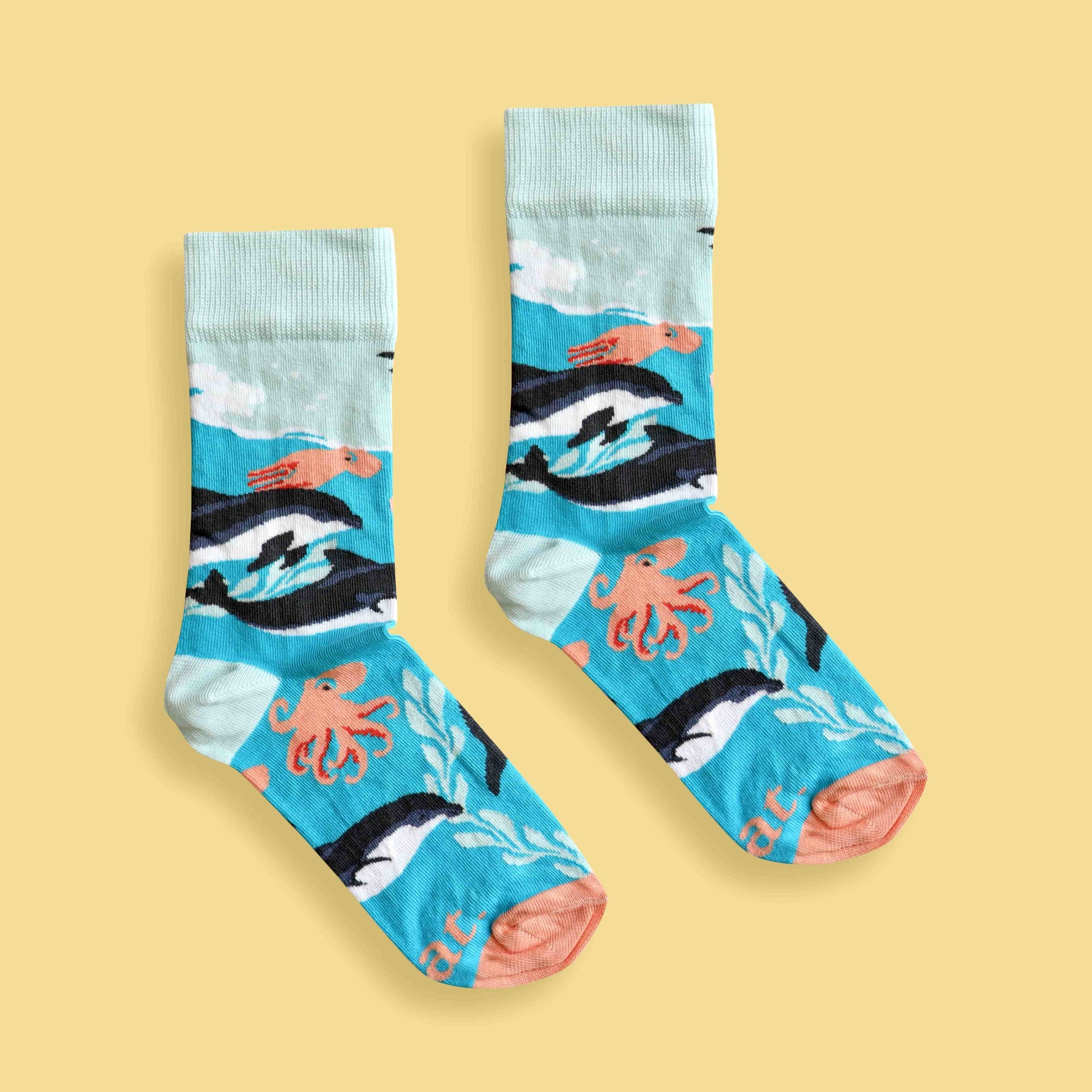 Dolphin party socks yellow background centered
