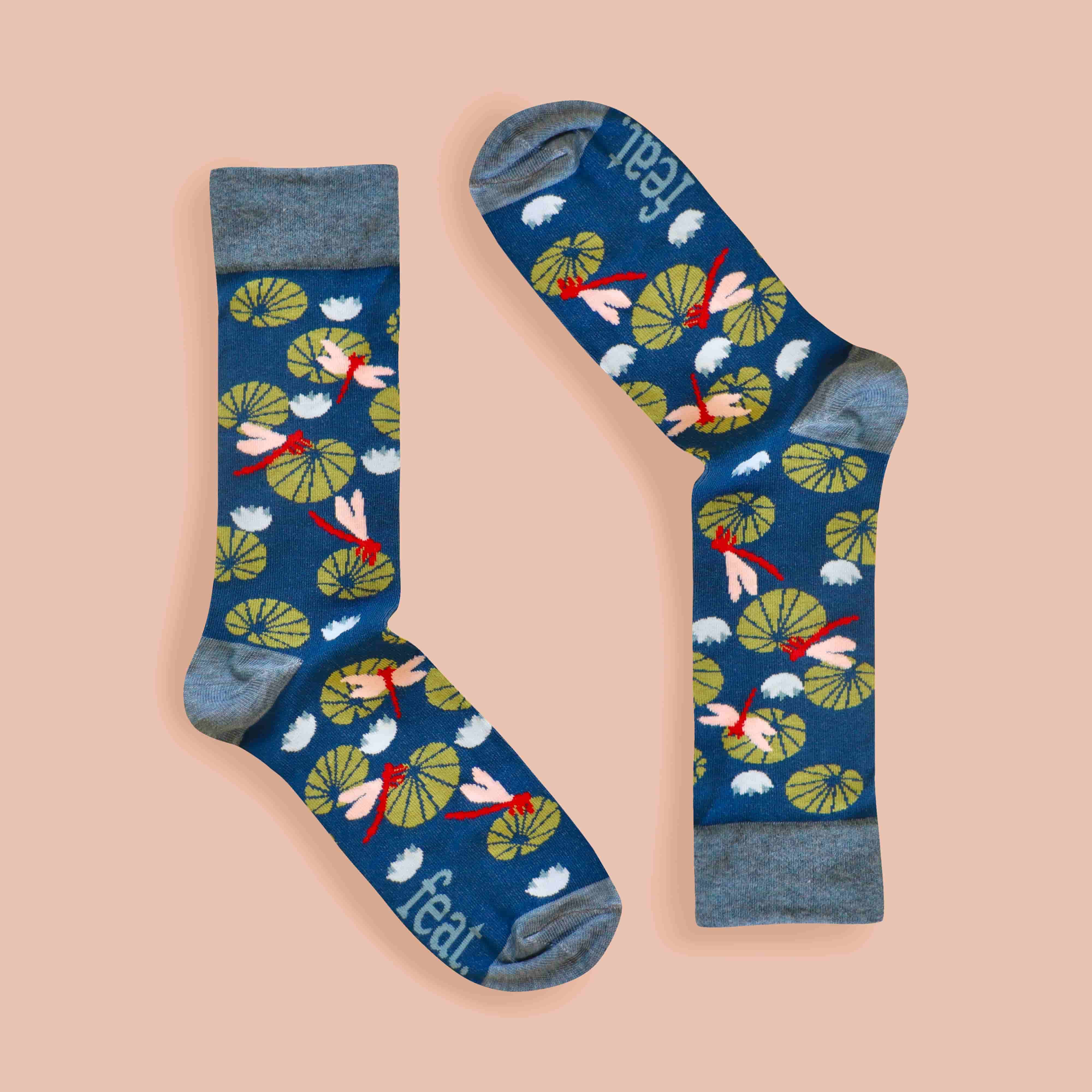 Dragonfly socks inverted image peach background