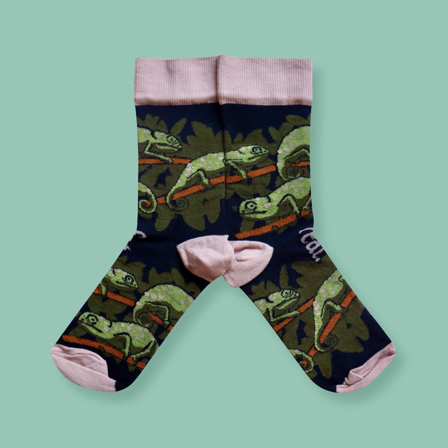 Flap-necked chameleon socks green background mirrored