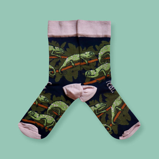 Flap-necked chameleon socks green background mirrored