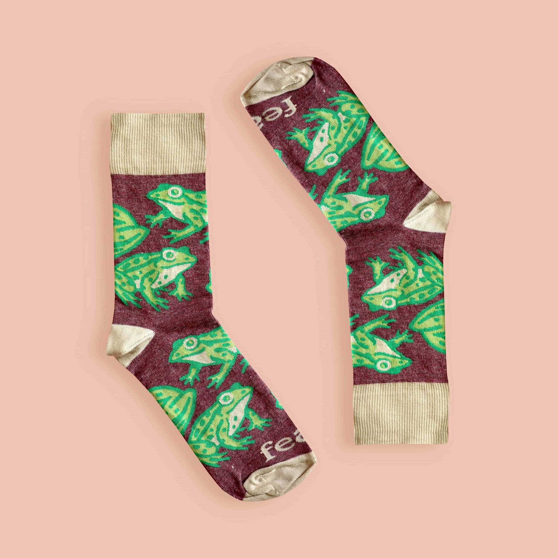 Cape river frog socks peach background inverted