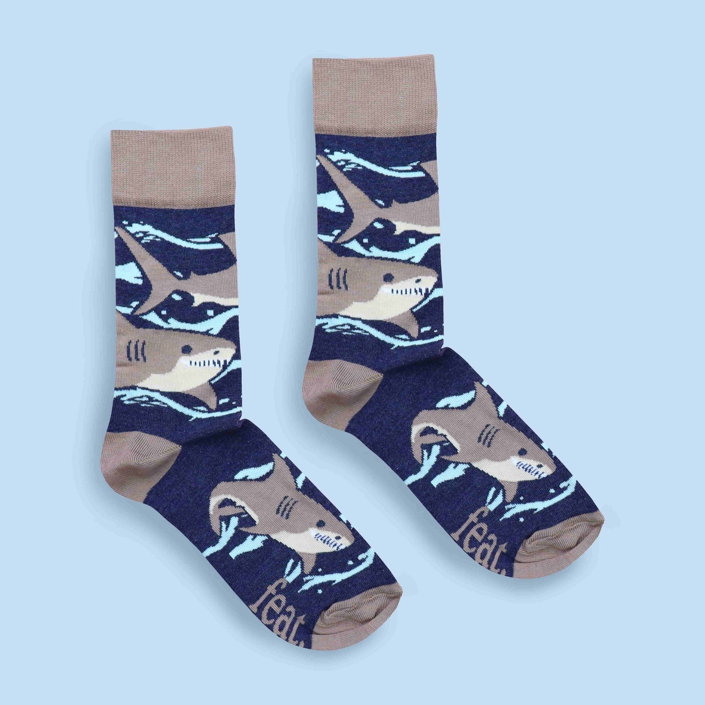 Grey shark socks blue background centered layout