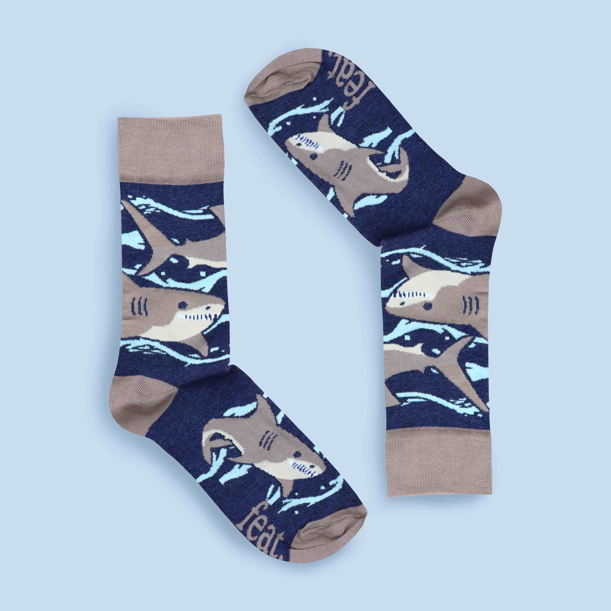 Grey shark socks blue background inverted layout