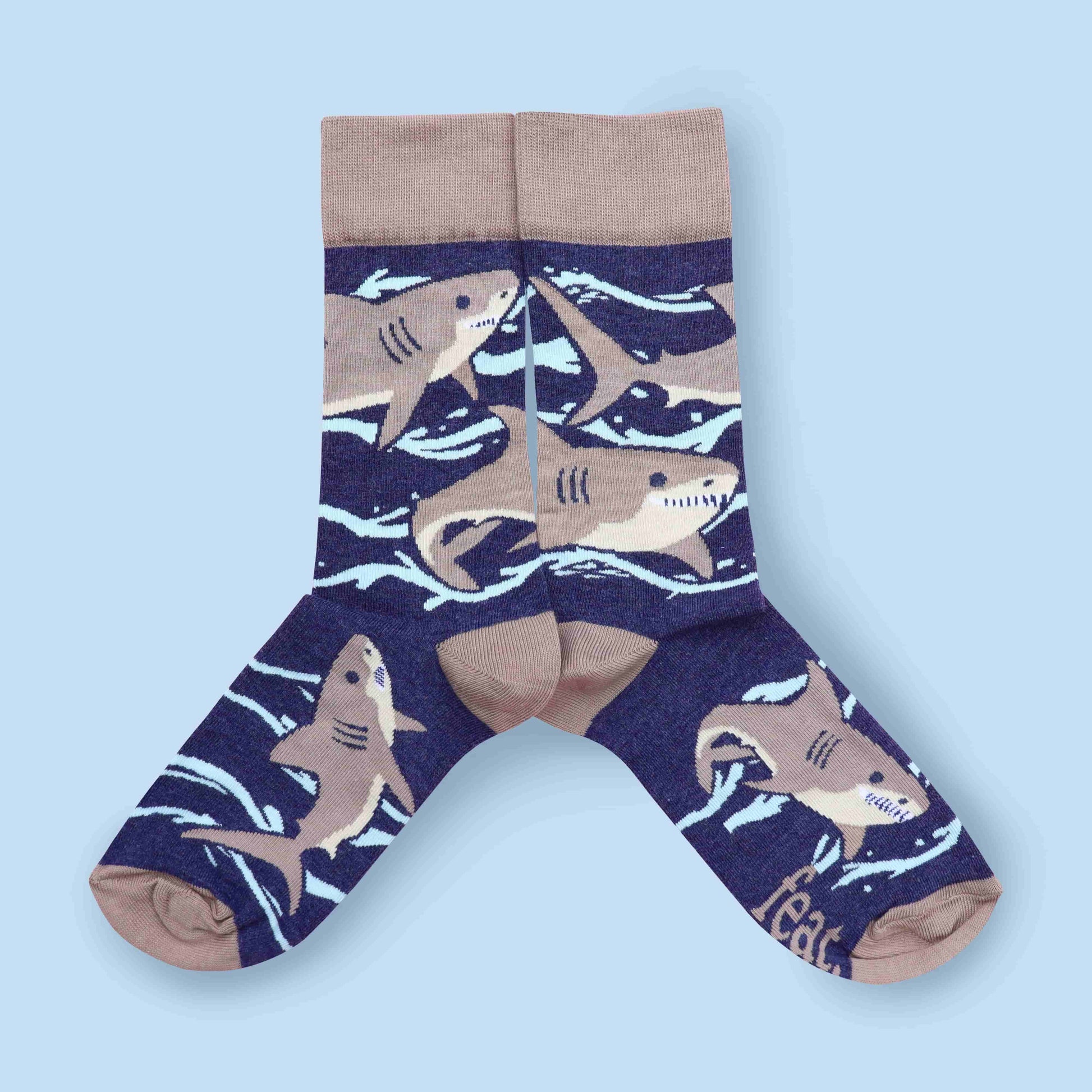 Grey shark socks blue background mirrored layout