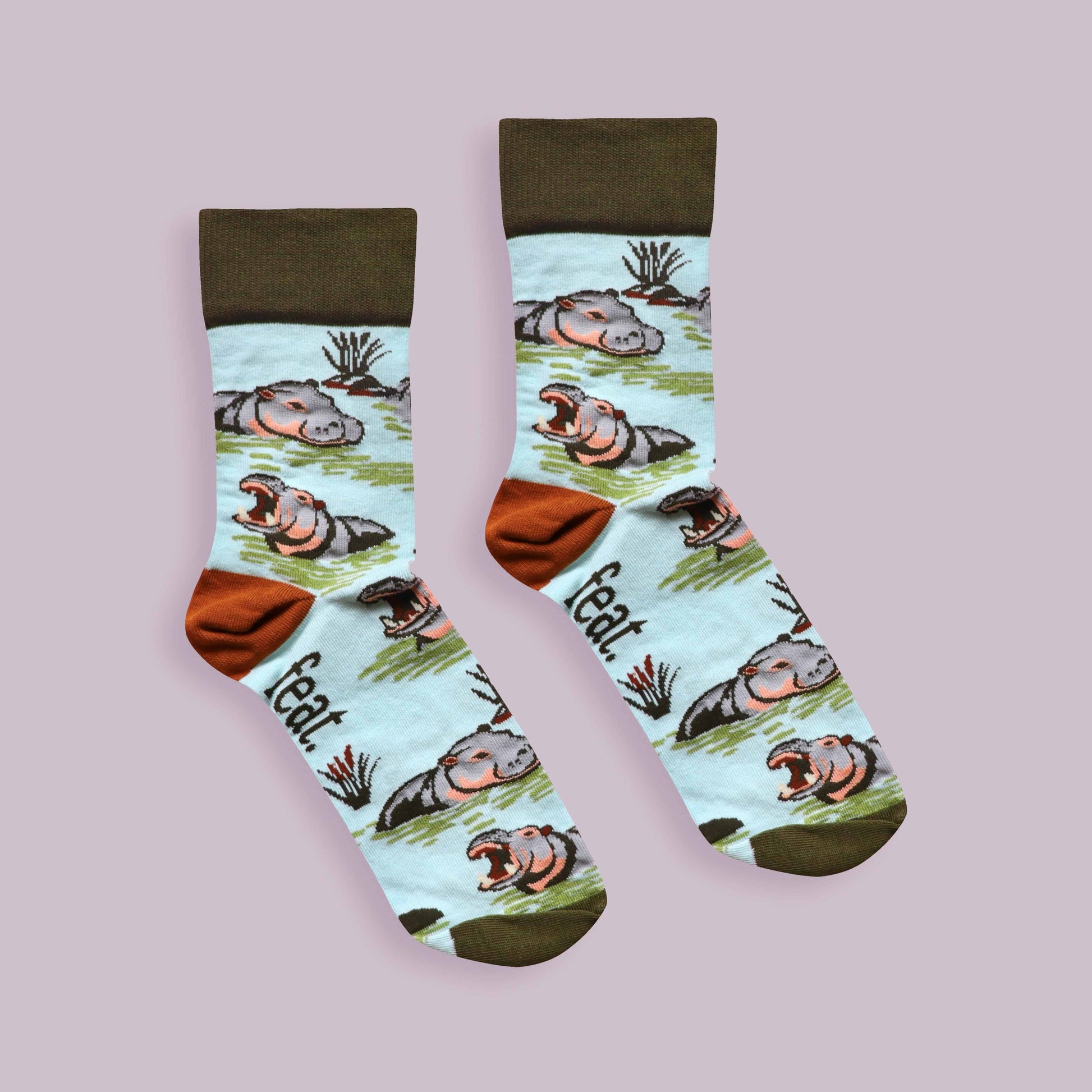 Hippo socks lilac background centered