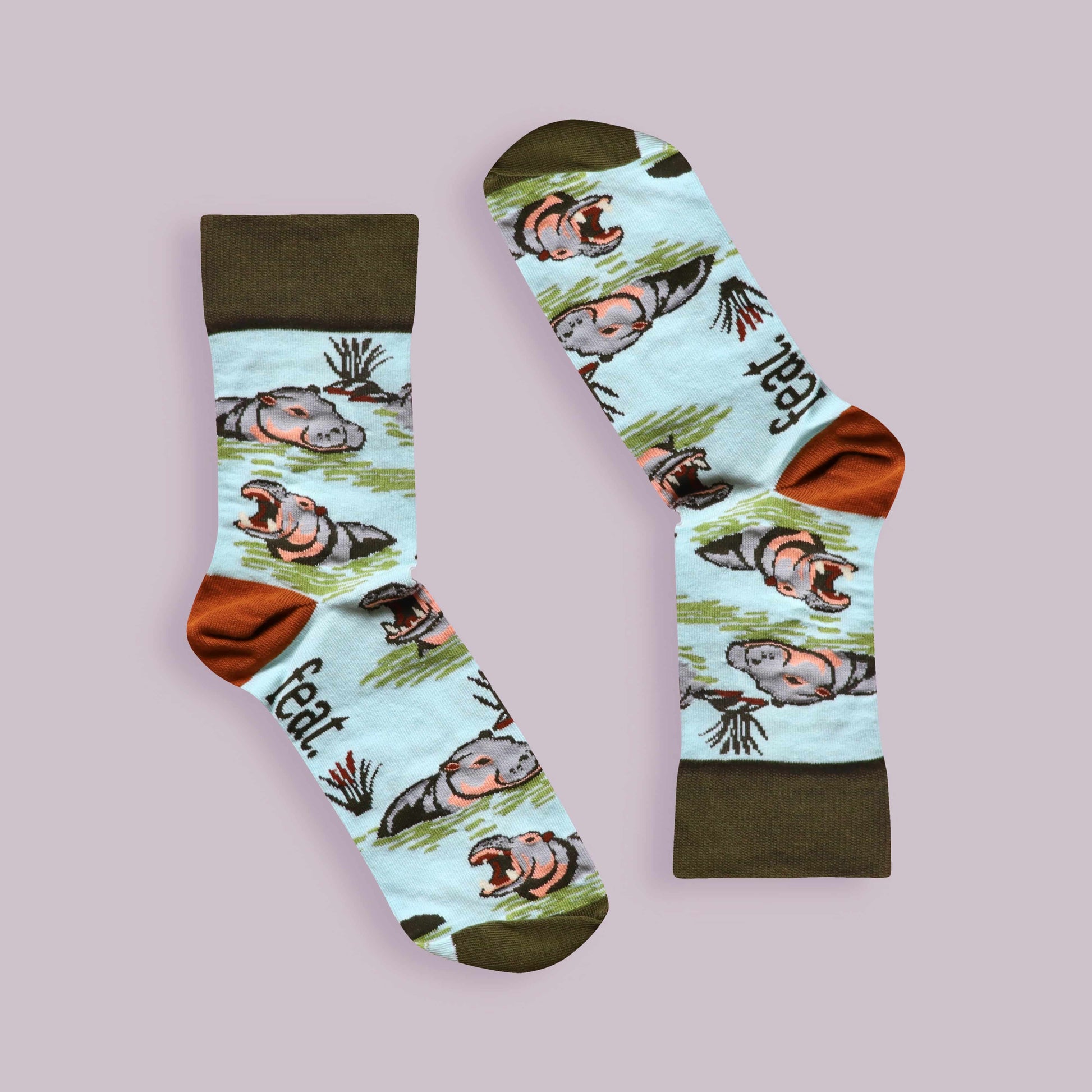 Hippo socks lilac background inverted