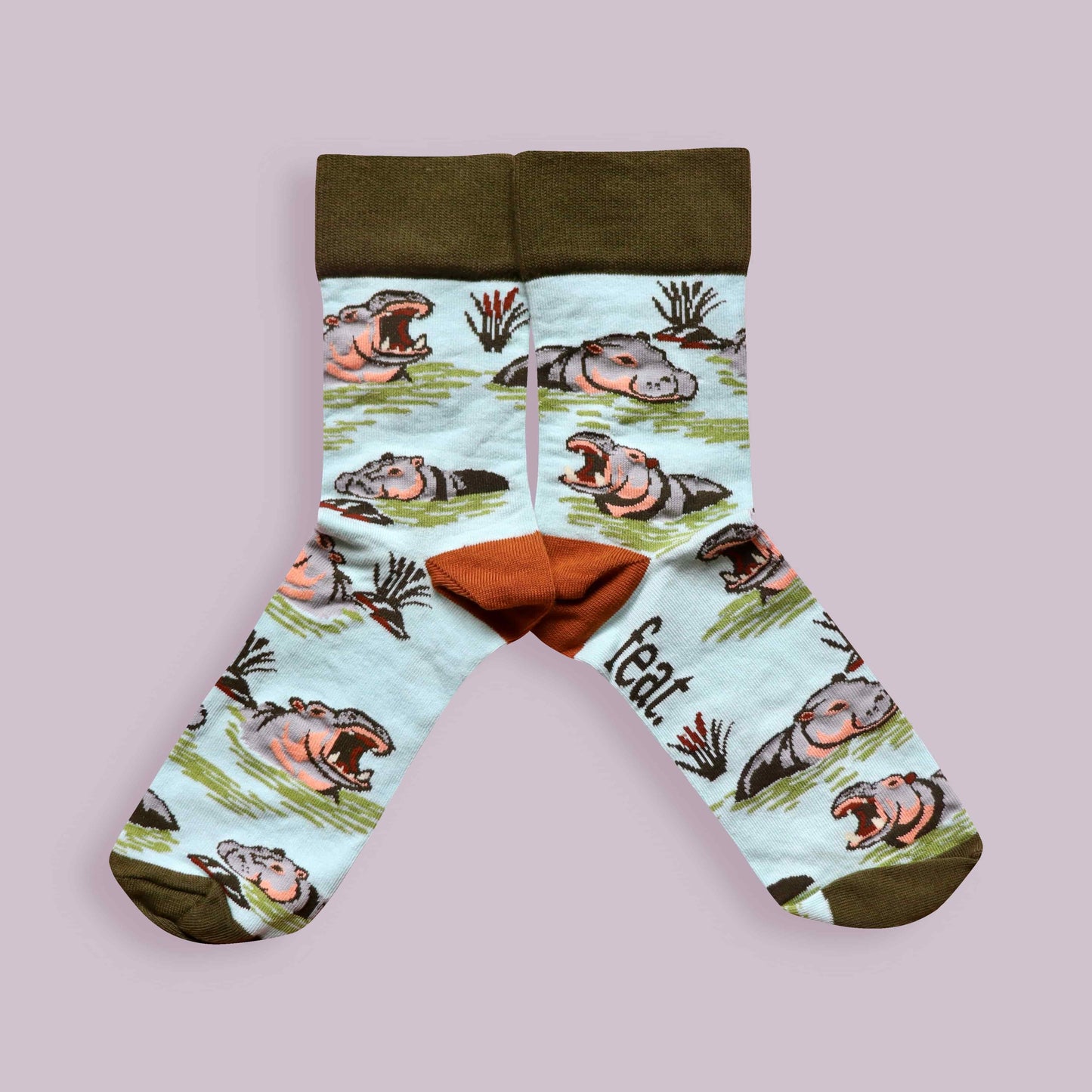 Hippo socks lilac background mirrored