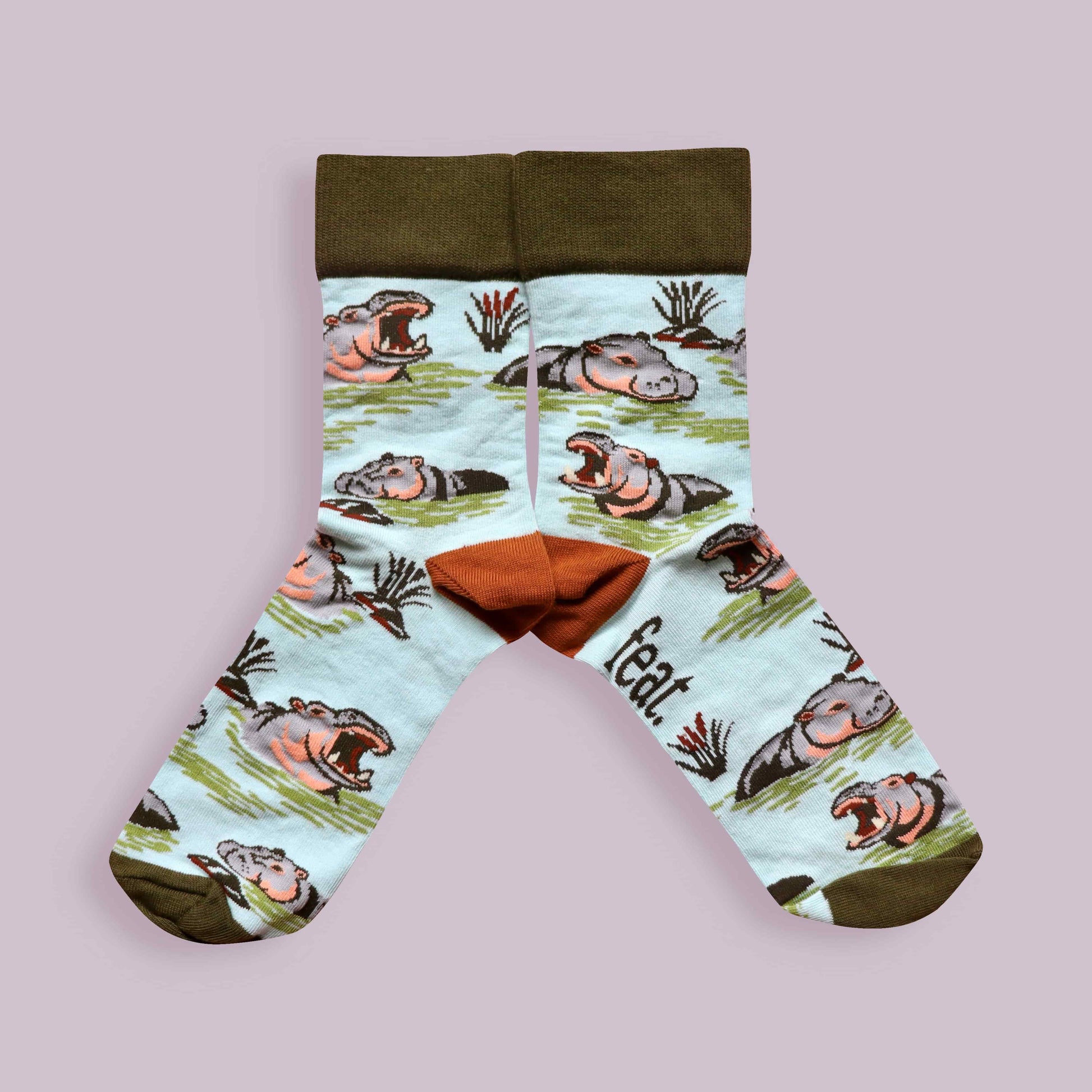 Hippo socks lilac background mirrored