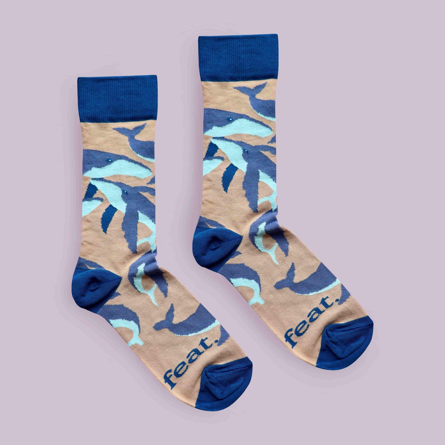 Humpback whale socks purple background centered