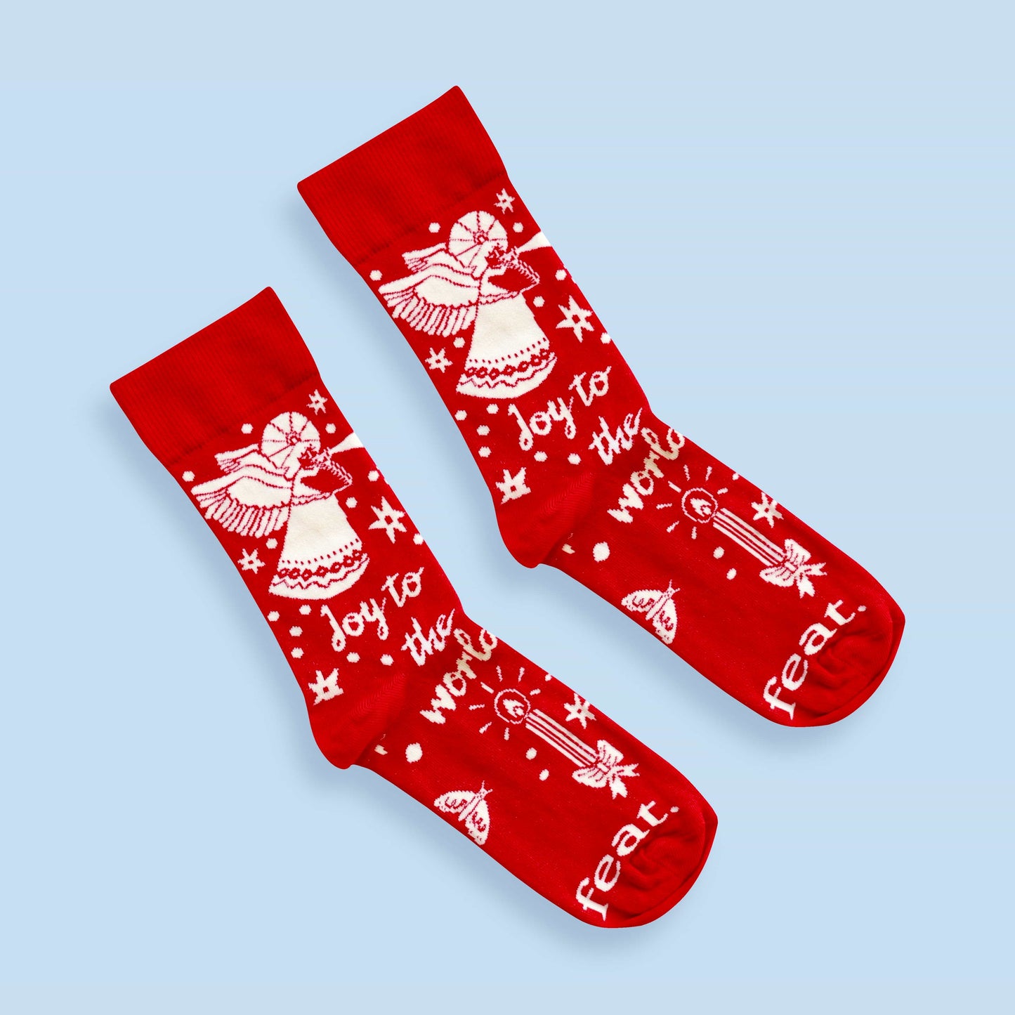 Joy to the world socks blue background diagonal