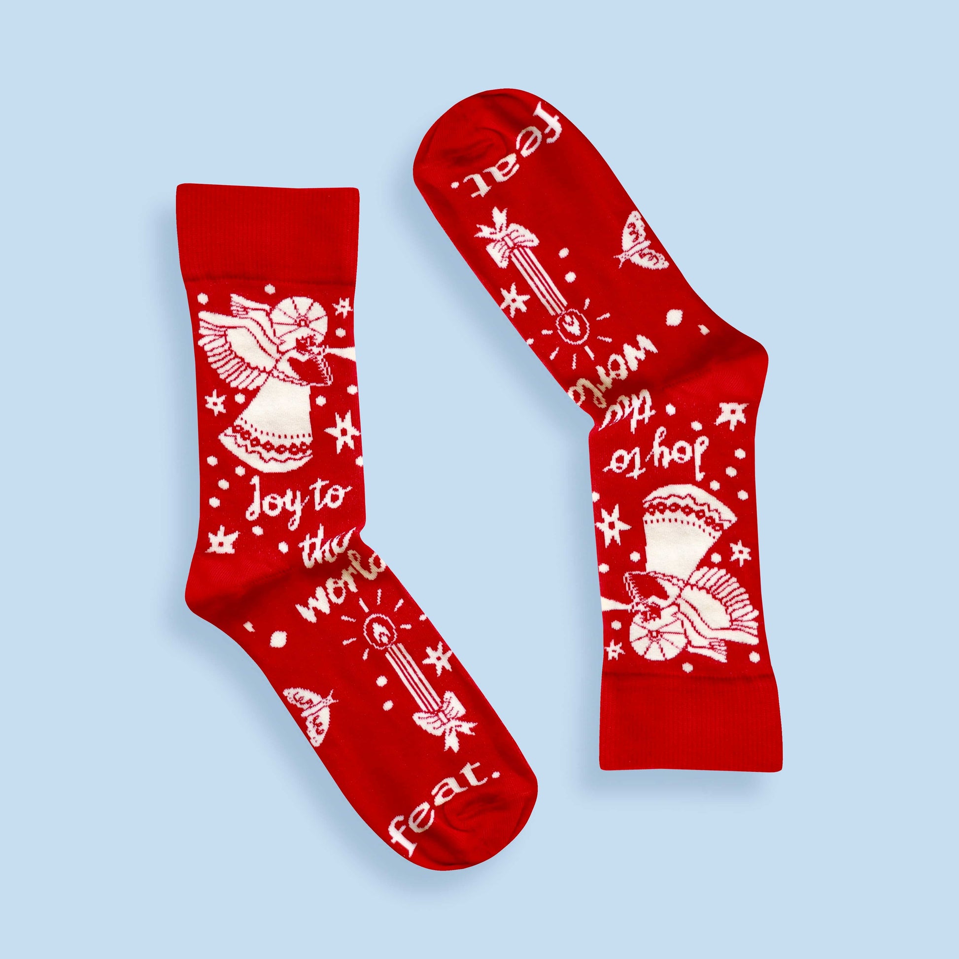 Joy to the world socks blue background inverted