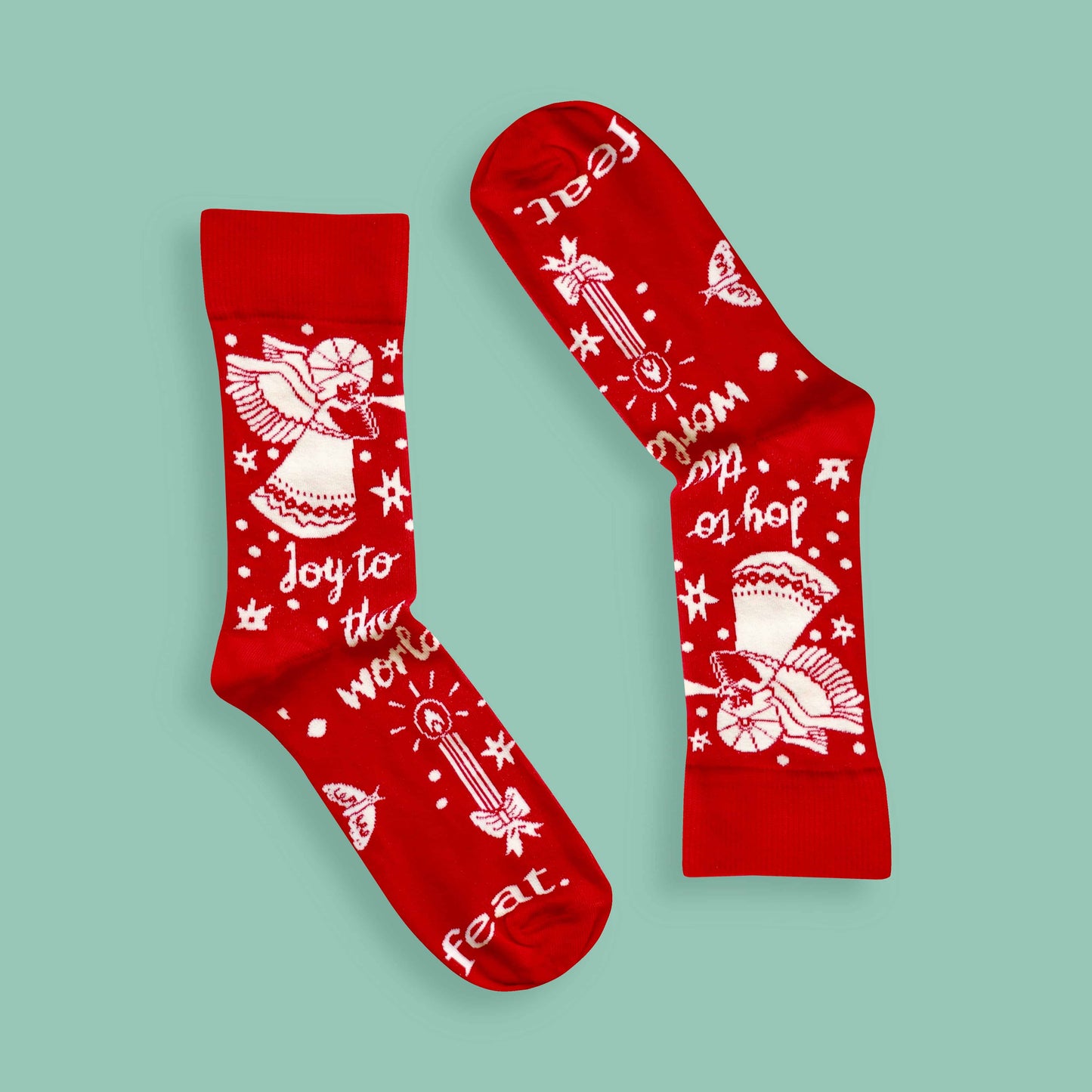 Joy to the world socks green background inverted