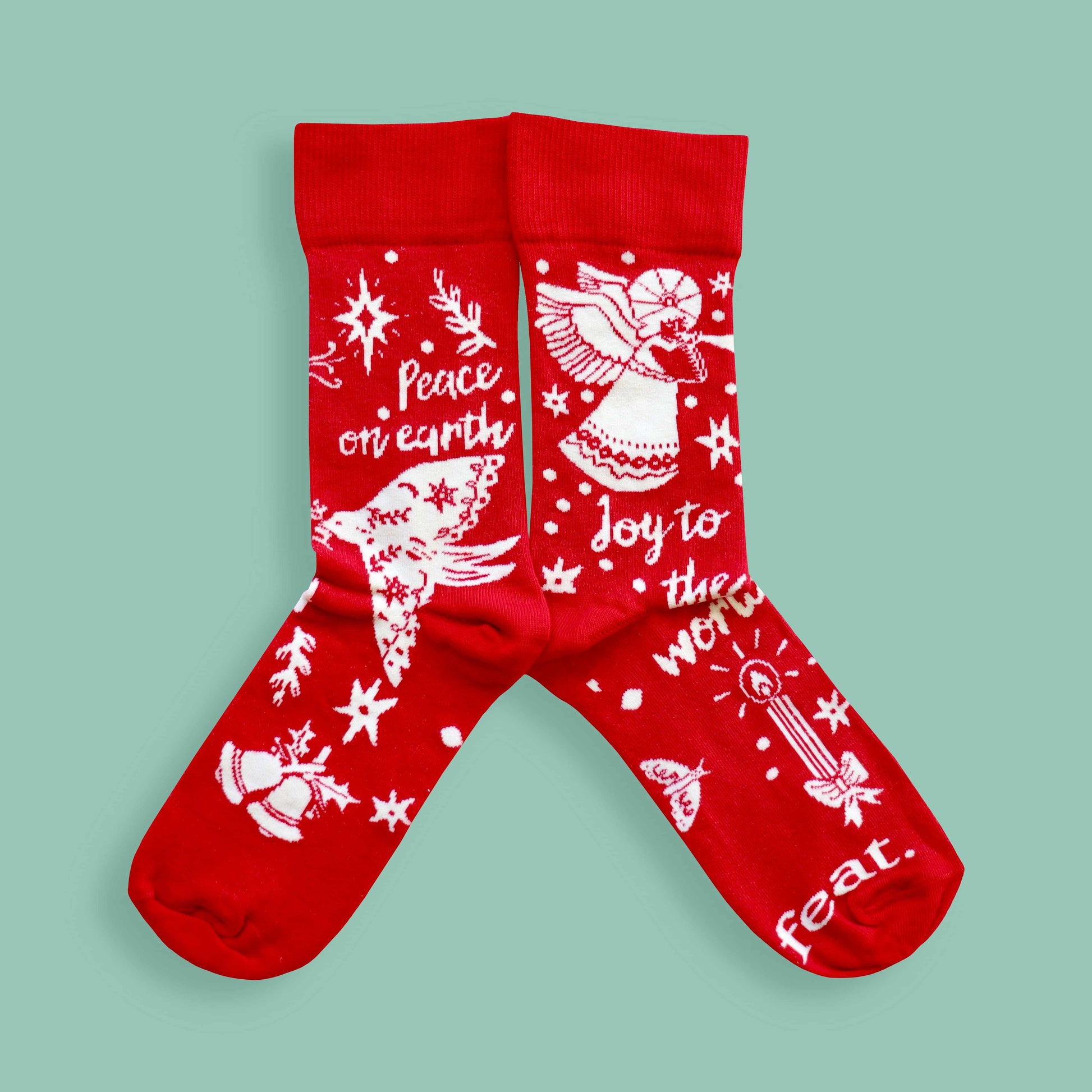 Joy to the world socks green background mirrored