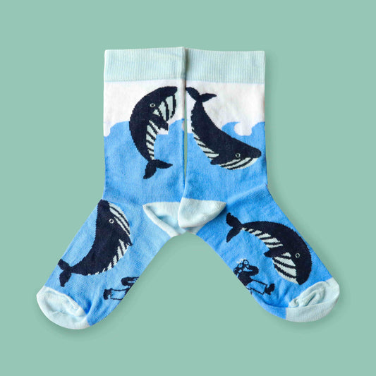 Kids whale socks green background mirrored