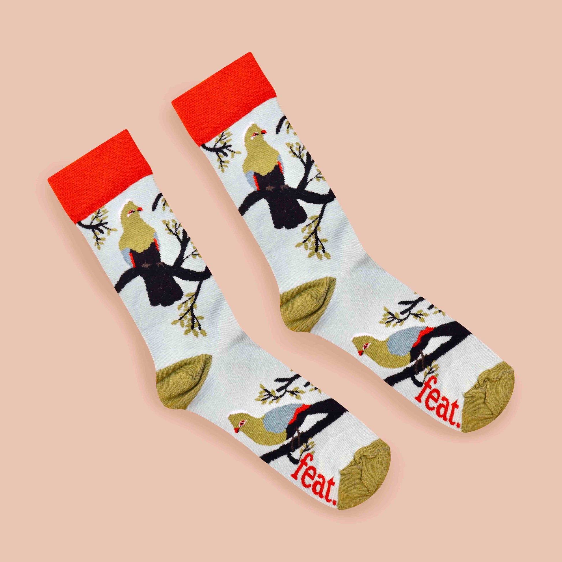Ladies’ Knysna Loerie socks coral background diagonal