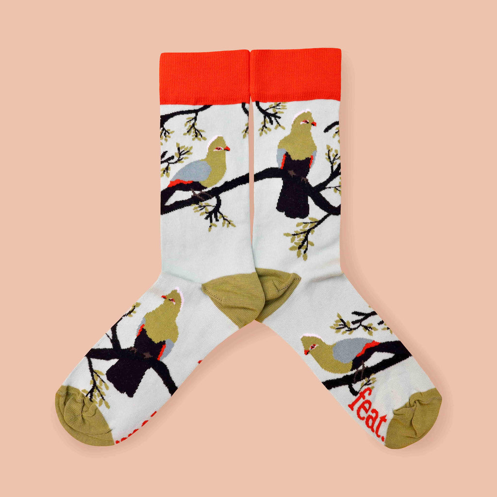 Ladies’ Knysna Loerie socks coral background middle