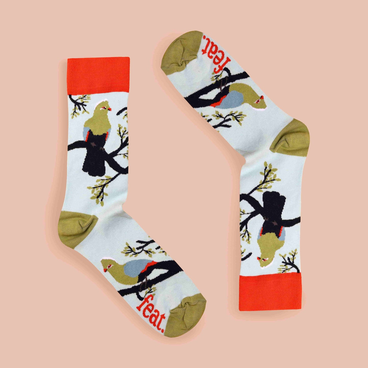 Ladies’ Knysna Loerie socks coral background mirrored
