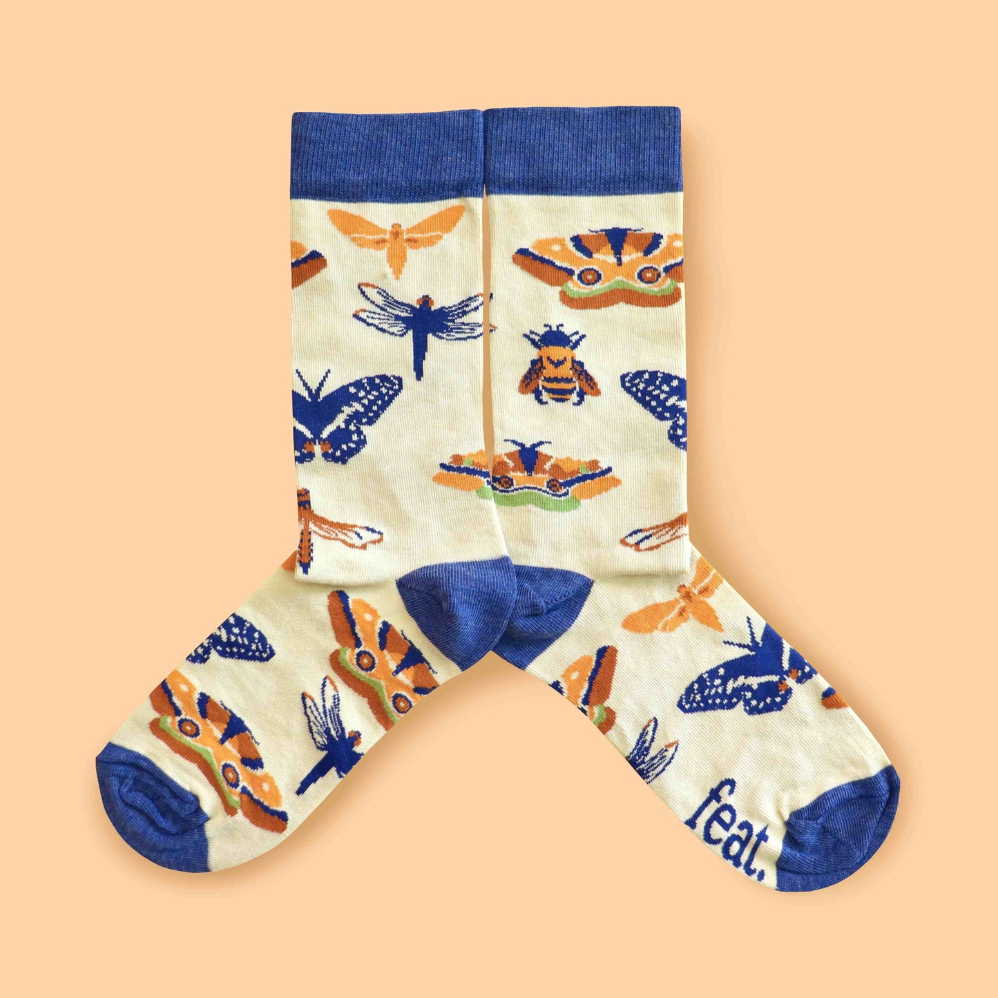 Ladies insect socks peach background mirrored