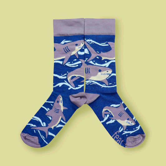 Purple shark socks lime background mirrored layout