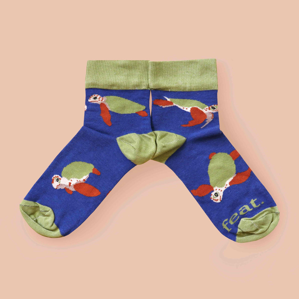 Loggerhead turtle socks with coral background centered layout