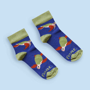 Loggerhead turtle socks with blue background diagonal layout