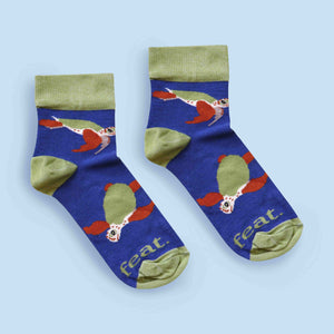 Loggerhead turtle socks with blue background front layout